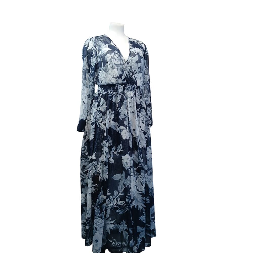 Alexa B Nites Blue Floral Metallic Shimmer Maxi Dress Long Sleeve Gown 6